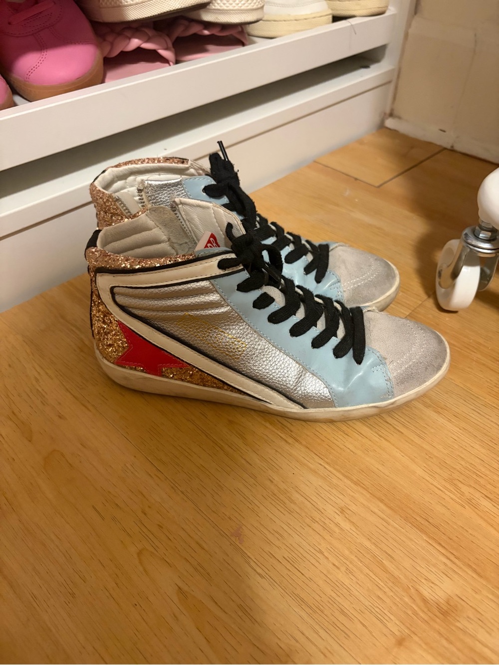 Women’s Metallic Silver & Light Blue High-Top Sneakers with Gold Glitter Accent